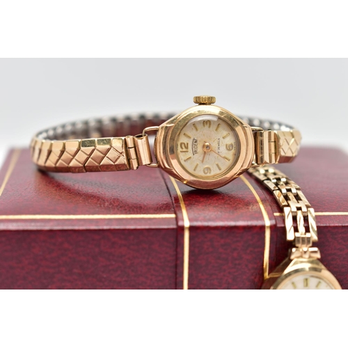 44 - THREE LADIES 9CT GOLD WRISTWATCHES, the first a manual wind 'Rotary' watch with a round silver dial ... 