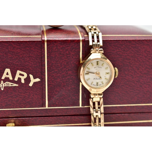 44 - THREE LADIES 9CT GOLD WRISTWATCHES, the first a manual wind 'Rotary' watch with a round silver dial ... 