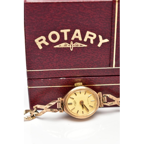 44 - THREE LADIES 9CT GOLD WRISTWATCHES, the first a manual wind 'Rotary' watch with a round silver dial ... 