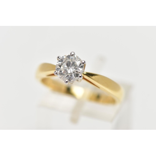 46 - AN 18CT YELLOW AND WHITE GOLD, SINGLE STONE DIAMOND RING, a six claw set, round brilliant cut diamon... 