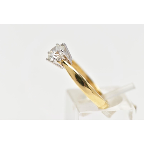 46 - AN 18CT YELLOW AND WHITE GOLD, SINGLE STONE DIAMOND RING, a six claw set, round brilliant cut diamon... 