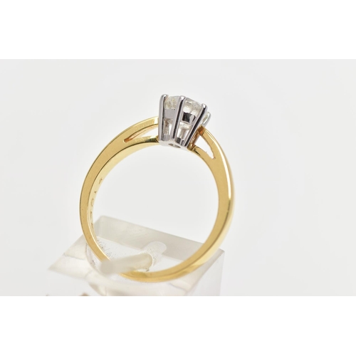 46 - AN 18CT YELLOW AND WHITE GOLD, SINGLE STONE DIAMOND RING, a six claw set, round brilliant cut diamon... 