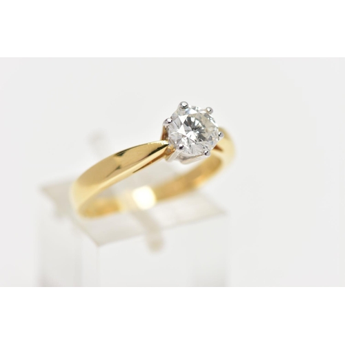 46 - AN 18CT YELLOW AND WHITE GOLD, SINGLE STONE DIAMOND RING, a six claw set, round brilliant cut diamon... 