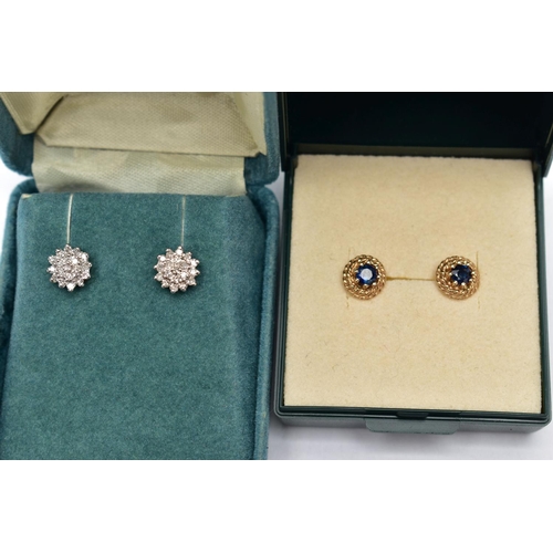 47 - A SELECTION OF STUD EARRINGS, to include a pair of 9ct yellow gold, single cut diamond cluster stud ... 