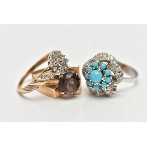 5 - THREE GEM SET RINGS, the first designed with a four claw set, circular cut smoky quartz, measuring a... 