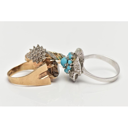 5 - THREE GEM SET RINGS, the first designed with a four claw set, circular cut smoky quartz, measuring a... 