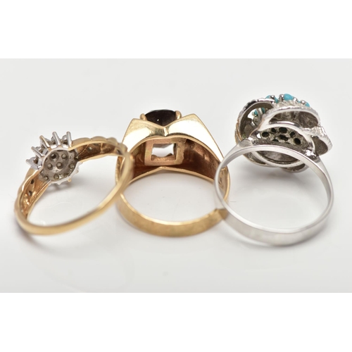 5 - THREE GEM SET RINGS, the first designed with a four claw set, circular cut smoky quartz, measuring a... 