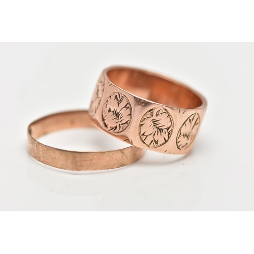 50 - TWO LATE VICTORIAN 9CT ROSE GOLD BAND RINGS, the first comprising engraved foliate oval repeating pa... 