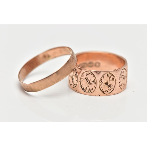 50 - TWO LATE VICTORIAN 9CT ROSE GOLD BAND RINGS, the first comprising engraved foliate oval repeating pa... 