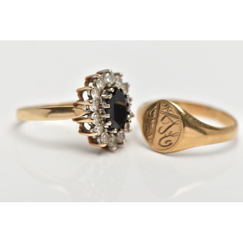 51 - A 9CT GOLD SIGNET RING AND A YELLOW METAL GEM SET CLUSTER RING, the first a 9ct gold signet ring of ... 