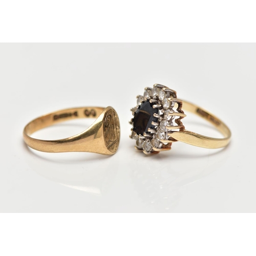 51 - A 9CT GOLD SIGNET RING AND A YELLOW METAL GEM SET CLUSTER RING, the first a 9ct gold signet ring of ... 