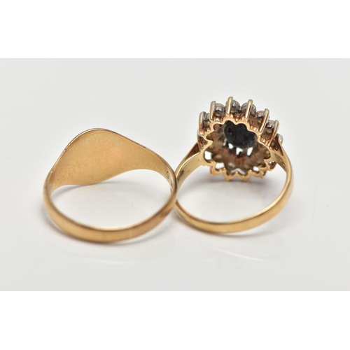 51 - A 9CT GOLD SIGNET RING AND A YELLOW METAL GEM SET CLUSTER RING, the first a 9ct gold signet ring of ... 