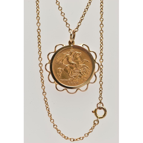 54 - A MOUNTED HALF SOVEREIGN PENDANT, a 1910 half sovereign depicting George and the dragon, King Edward... 