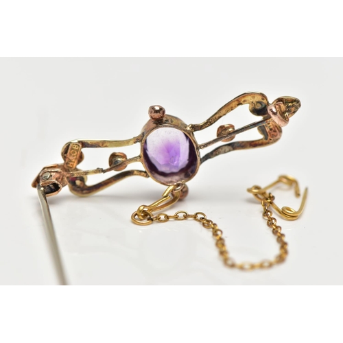 56 - TWO LATE 19TH CENTURY BAR BROOCHES AND A PAIR OF EARRINGS, the first bar brooch comprised of three s... 