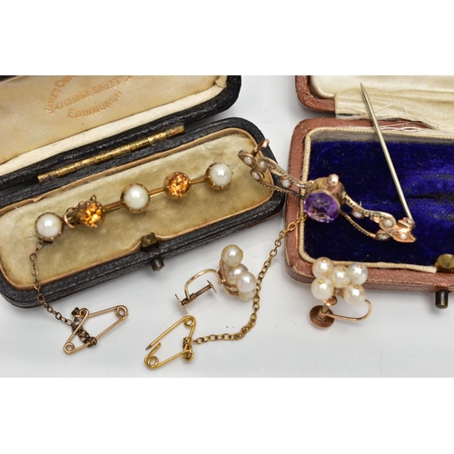 56 - TWO LATE 19TH CENTURY BAR BROOCHES AND A PAIR OF EARRINGS, the first bar brooch comprised of three s... 