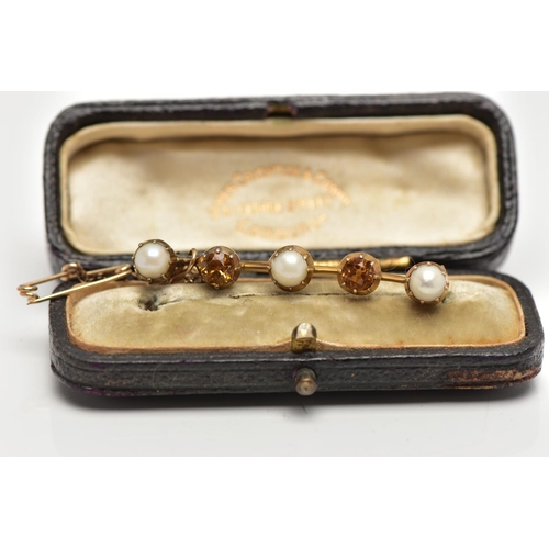 56 - TWO LATE 19TH CENTURY BAR BROOCHES AND A PAIR OF EARRINGS, the first bar brooch comprised of three s... 