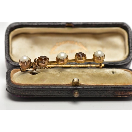 56 - TWO LATE 19TH CENTURY BAR BROOCHES AND A PAIR OF EARRINGS, the first bar brooch comprised of three s... 