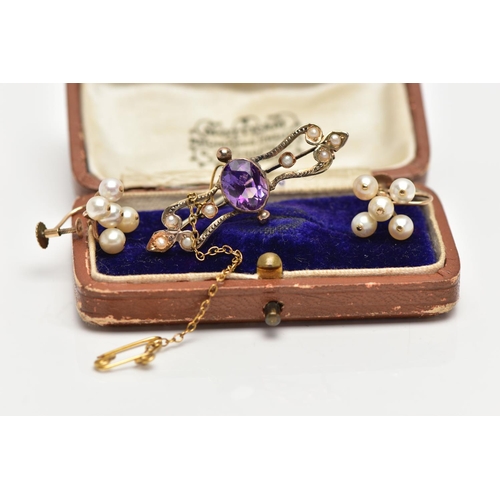 56 - TWO LATE 19TH CENTURY BAR BROOCHES AND A PAIR OF EARRINGS, the first bar brooch comprised of three s... 