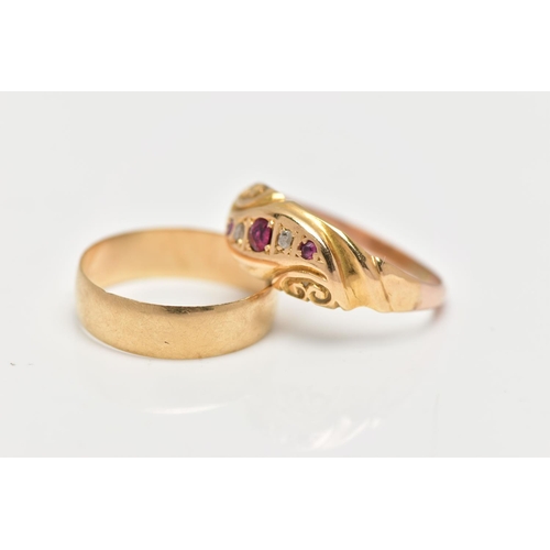 57 - TWO EARLY 20TH CENTURY GOLD RINGS, the first a plain polished yellow gold band ring, approximate dim... 