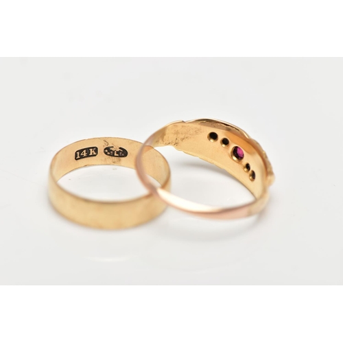 57 - TWO EARLY 20TH CENTURY GOLD RINGS, the first a plain polished yellow gold band ring, approximate dim... 