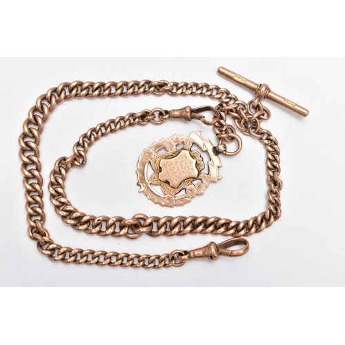 60 - AN EARLY 20TH CENTURY 9CT GOLD ALBERT CHAIN AND FOB, a rose gold graduated curb link chain, fitted w... 