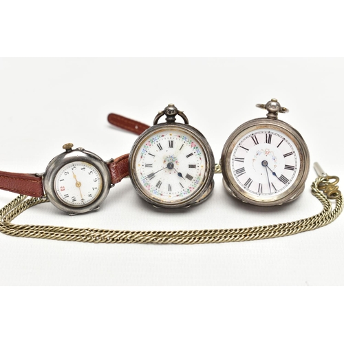 61 - AN EARLY 20TH CENTURY SILVER WRISTWATCH AND TWO POCKET WATCHES, a silver cased watch head, hallmarke... 