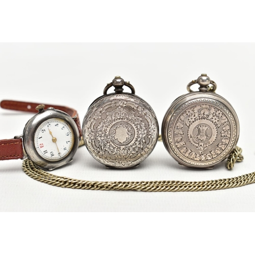 61 - AN EARLY 20TH CENTURY SILVER WRISTWATCH AND TWO POCKET WATCHES, a silver cased watch head, hallmarke... 