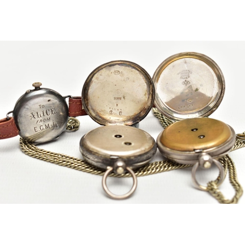 61 - AN EARLY 20TH CENTURY SILVER WRISTWATCH AND TWO POCKET WATCHES, a silver cased watch head, hallmarke... 