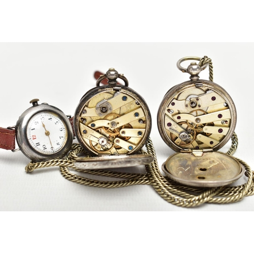 61 - AN EARLY 20TH CENTURY SILVER WRISTWATCH AND TWO POCKET WATCHES, a silver cased watch head, hallmarke... 