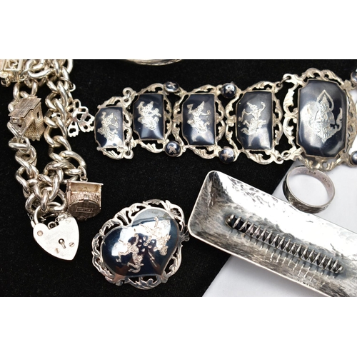 65 - A SELECTION OF SILVER AND WHITE METAL JEWELLERY, to include a silver hinged bangle, hallmarked Chest... 