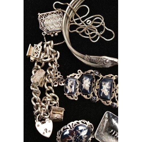 65 - A SELECTION OF SILVER AND WHITE METAL JEWELLERY, to include a silver hinged bangle, hallmarked Chest... 