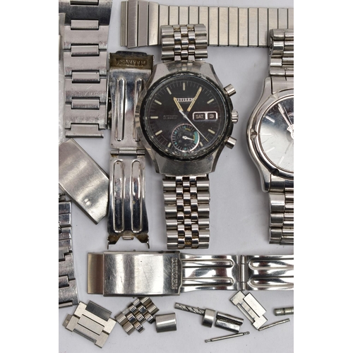 66 - THREE GENTS WRISTWATCHES, WATCH BRACELETS AND EXTRA LINKS, to include a gents 'Seiko Quartz', round ... 