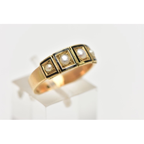 7 - A LATE 19TH CENTURY GOLD RING, four split pearls set in a gold band ring with black enamel detail, l... 