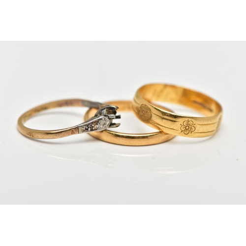 74 - TWO POLISHED BANDS AND A GEM SET RING, the first a thin polished band, approximate band width 2.5mm,... 