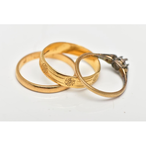 74 - TWO POLISHED BANDS AND A GEM SET RING, the first a thin polished band, approximate band width 2.5mm,... 