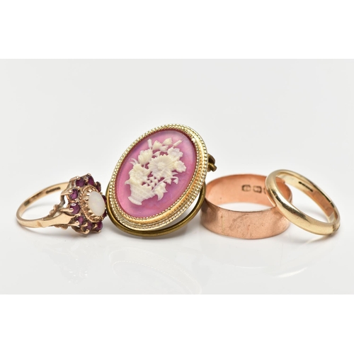 75 - THREE 9CT GOLD RINGS, to include a polished rose gold wide band, approximate band width 8.3mm, hallm... 