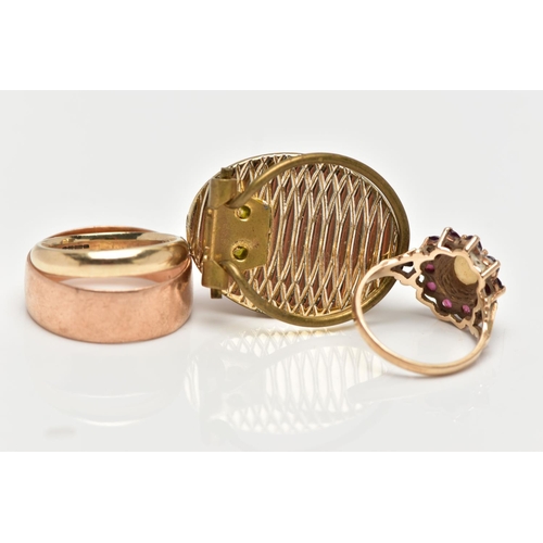 75 - THREE 9CT GOLD RINGS, to include a polished rose gold wide band, approximate band width 8.3mm, hallm... 