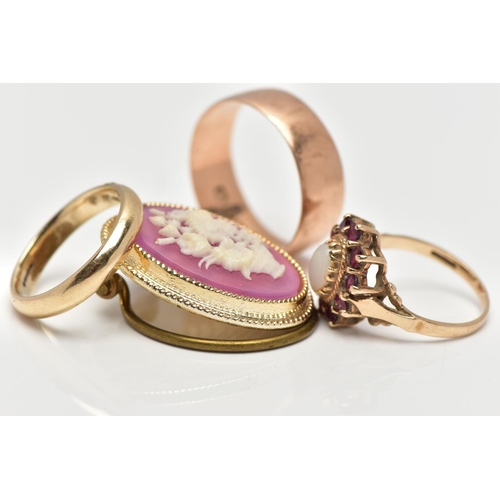 75 - THREE 9CT GOLD RINGS, to include a polished rose gold wide band, approximate band width 8.3mm, hallm... 