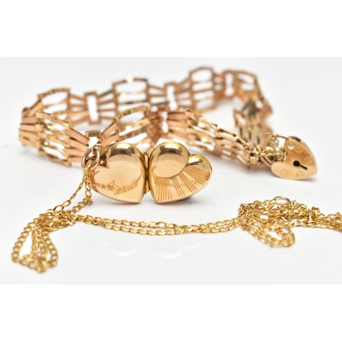 76 - A 9CT GOLD GATE BRACELET AND 9CT GOLD LOCKET WITH CHAIN, the first a fancy spiral link gate bracelet... 