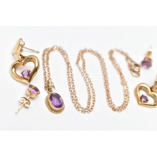 78 - A SET OF 9CT GOLD AND YELLOW METAL AMETHYST JEWELLERY, to include a pair of 9ct gold heart shape cir... 