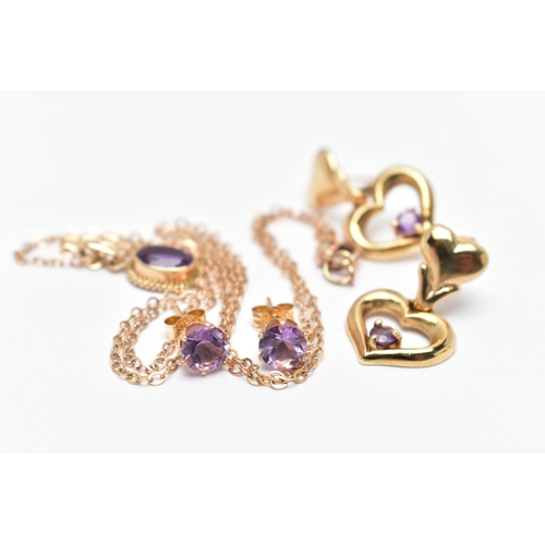 78 - A SET OF 9CT GOLD AND YELLOW METAL AMETHYST JEWELLERY, to include a pair of 9ct gold heart shape cir... 