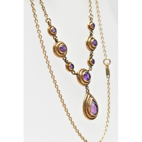 79 - A 9CT GOLD AMETHYST NECKLACE, the pear cut collet amethyst drop, suspended from a circular cut colle... 