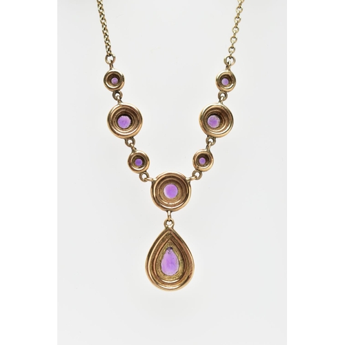 79 - A 9CT GOLD AMETHYST NECKLACE, the pear cut collet amethyst drop, suspended from a circular cut colle... 