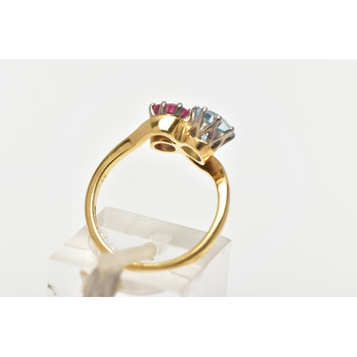 8 - AN 18CT GOLD DRESS RING, a circular cut aquamarine and circular cut glass filled ruby, approximate d... 