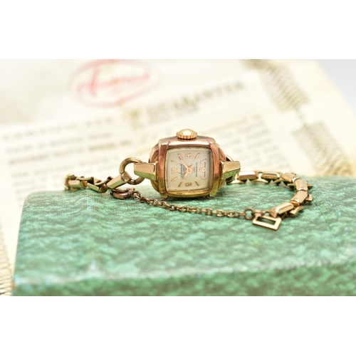 80 - A LADIES 9CT GOLD ACCURIST WRISTWATCH, featuring a square dial signed ‘Accurist 21 jewels, Antimagne... 