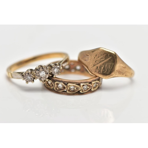 82 - A SELECTION OF 9CT GOLD AND YELLOW METAL RINGS, to include a 9ct gold signet ring with personal mono... 