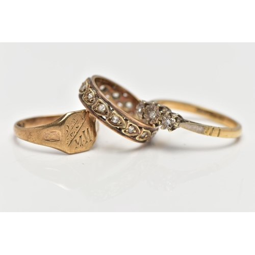 82 - A SELECTION OF 9CT GOLD AND YELLOW METAL RINGS, to include a 9ct gold signet ring with personal mono... 