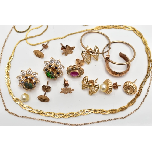 84 - A SELECTION OF 9CT GOLD AND YELLOW METAL JEWELLERY, to include a 9ct gold fancy link chain AF, impor... 