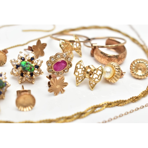 84 - A SELECTION OF 9CT GOLD AND YELLOW METAL JEWELLERY, to include a 9ct gold fancy link chain AF, impor... 