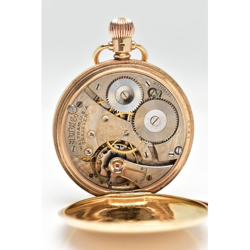 86 - A 9CT GOLD WALTHAM FULL HUNTER POCKET WATCH, the circular white dial, with Roman numeral hourly mark... 